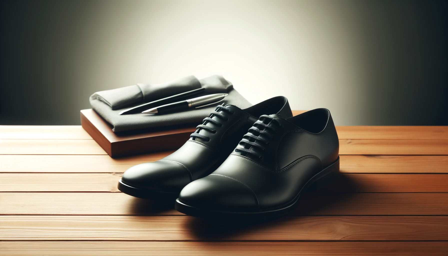  A  pair  of  elegant  formal  black  shoes  displayed  on  a  wooden  surface  suitable  for  a  business  meeting  or  formal  event  The  background  is  simple 