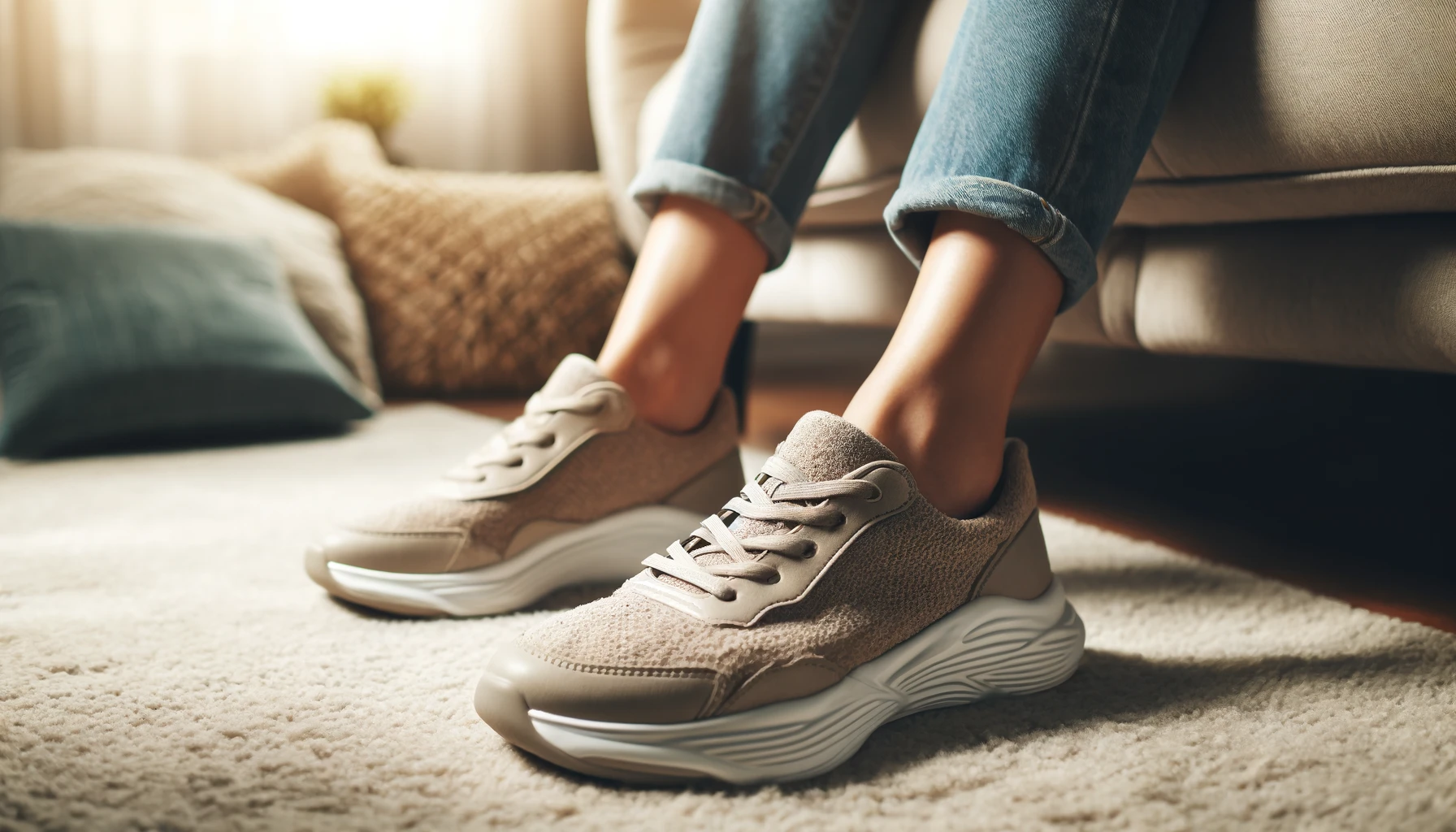  A  comfortable  pair  of  casual  sneakers  placed  on  a  soft  carpet  with  natural  lighting  highlighting  their  cushioning  and  support  features  