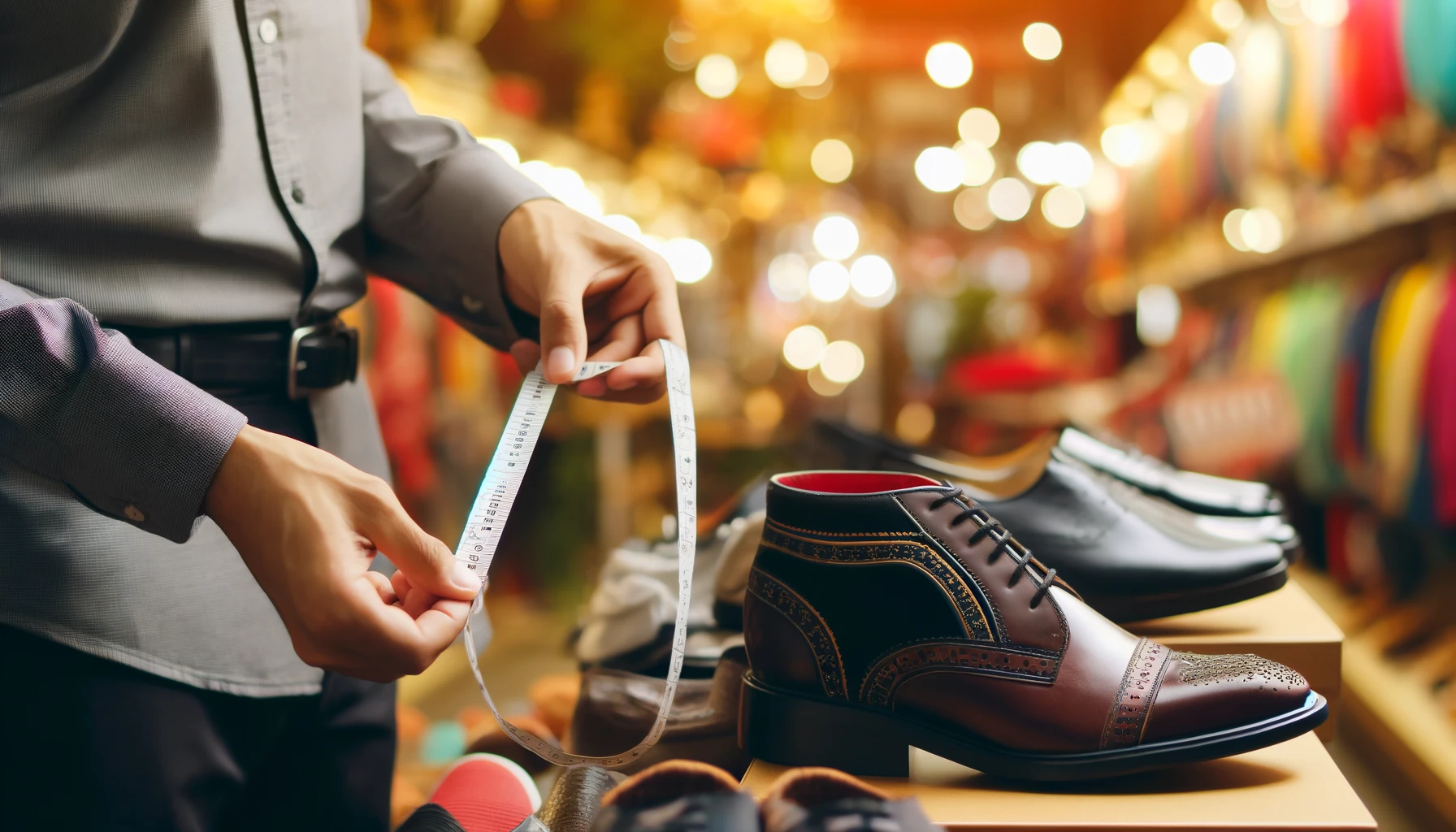  A  person  measuring  their  foot  size  with  a  tape  measure  while  trying  on  shoes  in  a  store  The  scene  is  well-lit  and  shows  a  variety  of  shoes  on  display