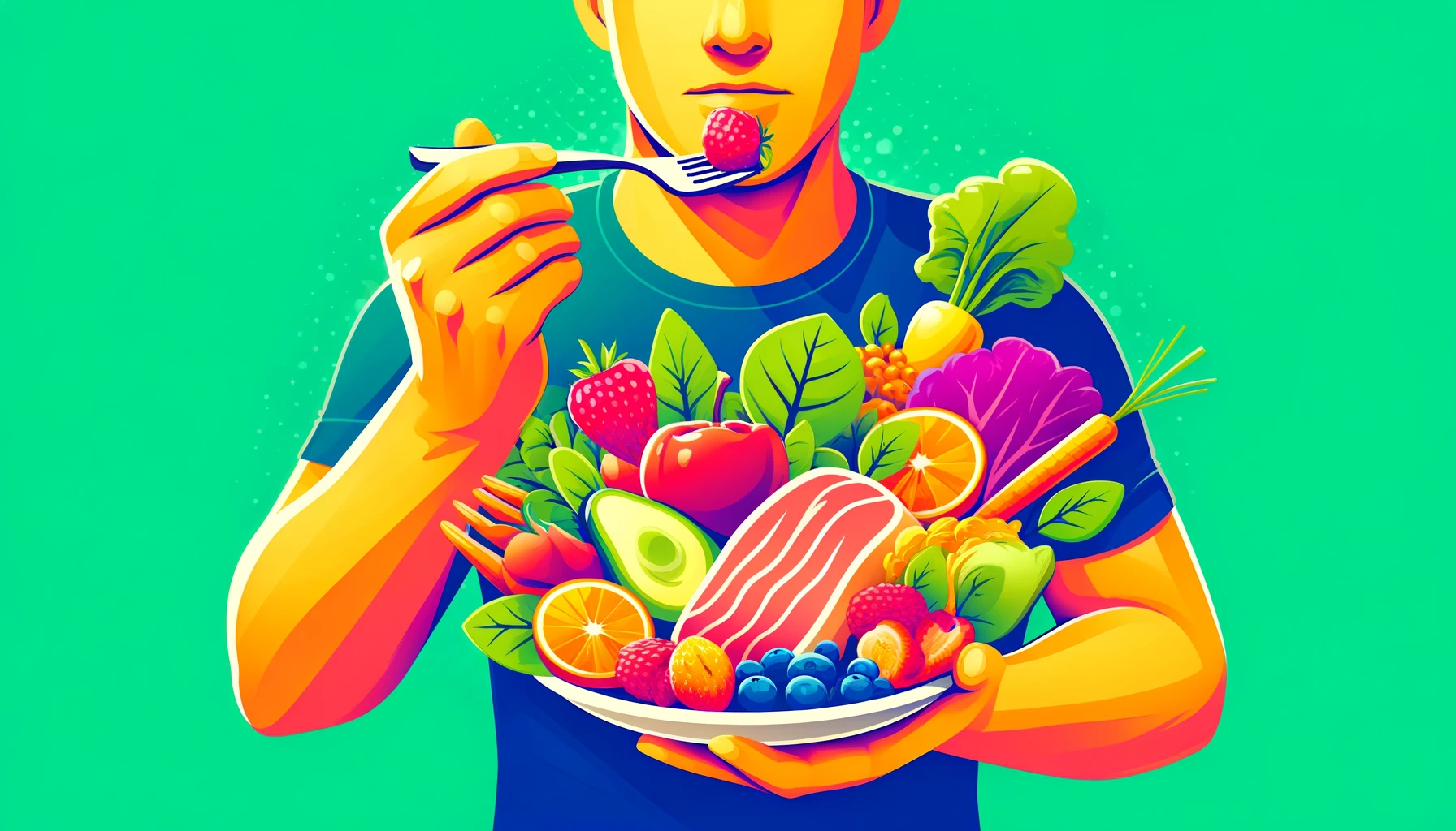   A  person  eating  a  balanced  meal  with  fruits  vegetables  and  lean  proteins  emphasizing  nutrition  in  a  stylized  semi-realistic  manner   