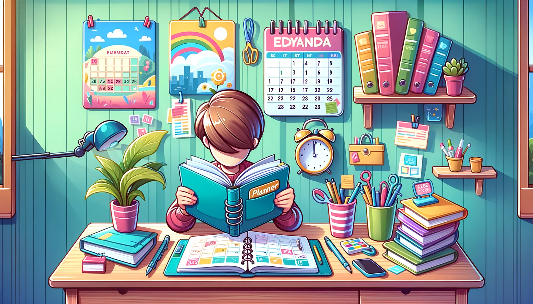  A  colorful  cartoon-style  image  of  a  student  using  a  planner  to  stay  organized  with  books  a  calendar  and  school  supplies  on  a  desk  