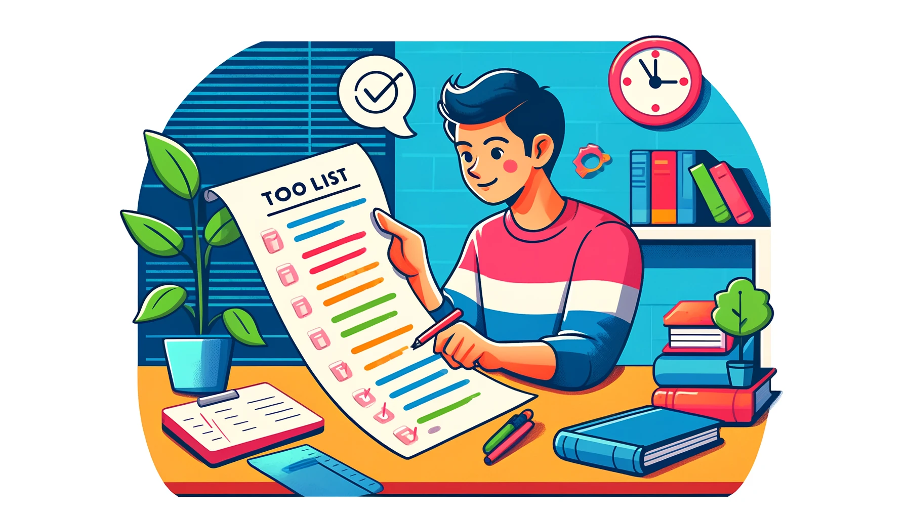  A  colorful  cartoon-style  image  of  a  student  prioritizing  tasks  using  a  to-do  list  The  student  is  holding  a  list  with  items  written  