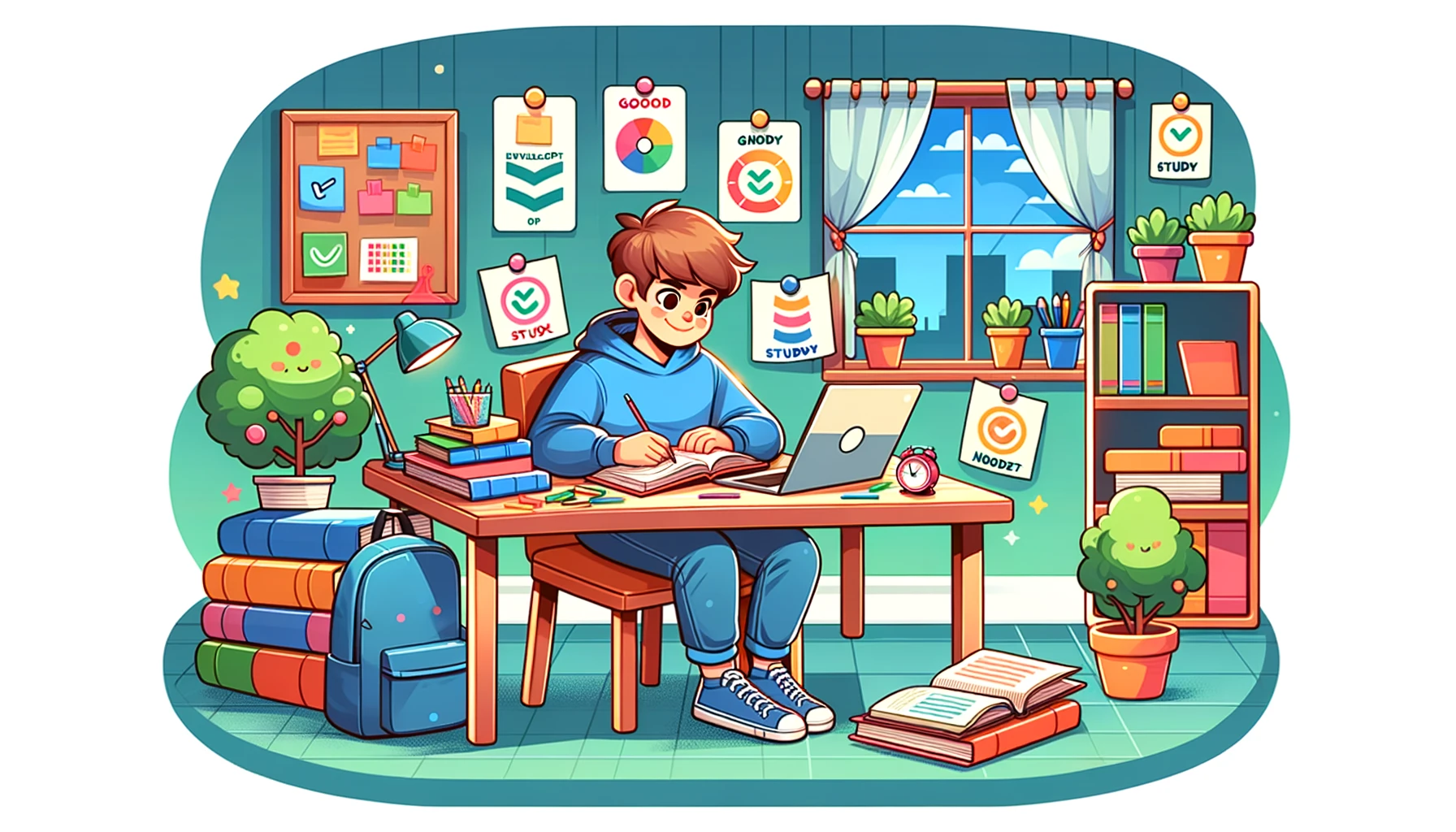  A  colorful  cartoon-style  image  of  a  student  developing  good  study  habits  The  student  is  sitting  at  a  desk  with  books  open  a  laptop  