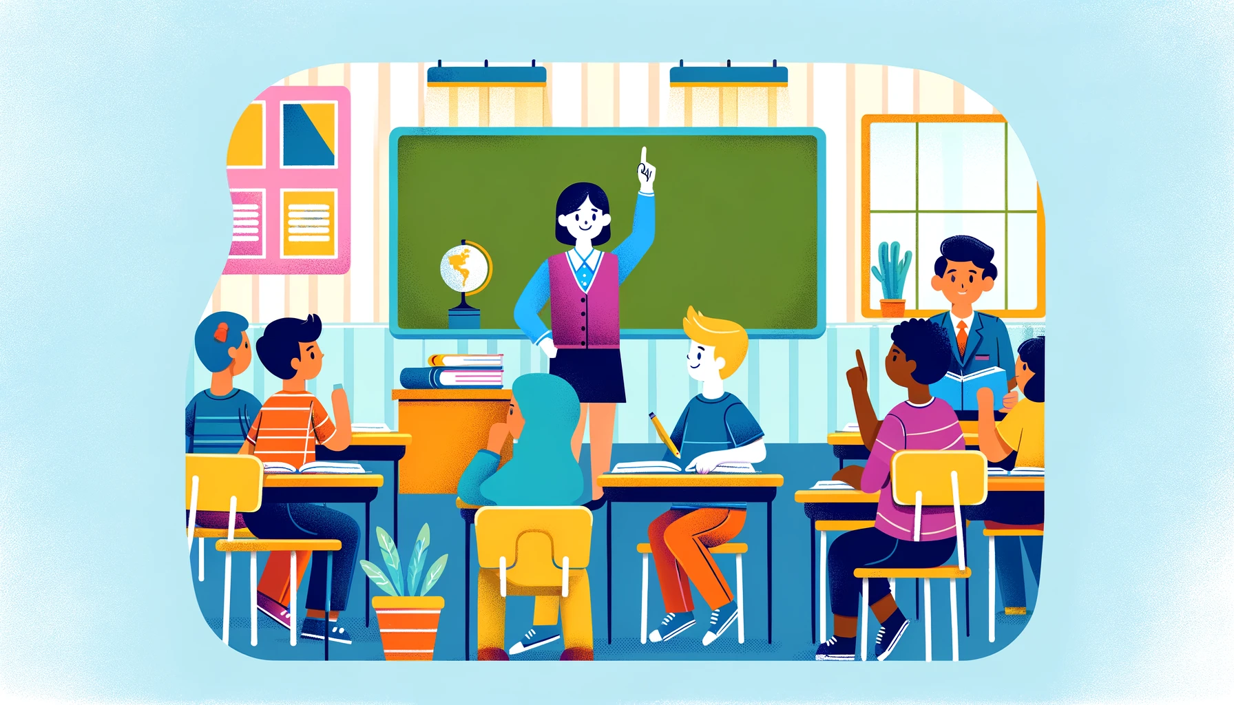  A  colorful  cartoon-style  image  of  a  student  actively  participating  in  class  The  student  is  raising  their  hand  to  ask  a  question  surrounded  by  class