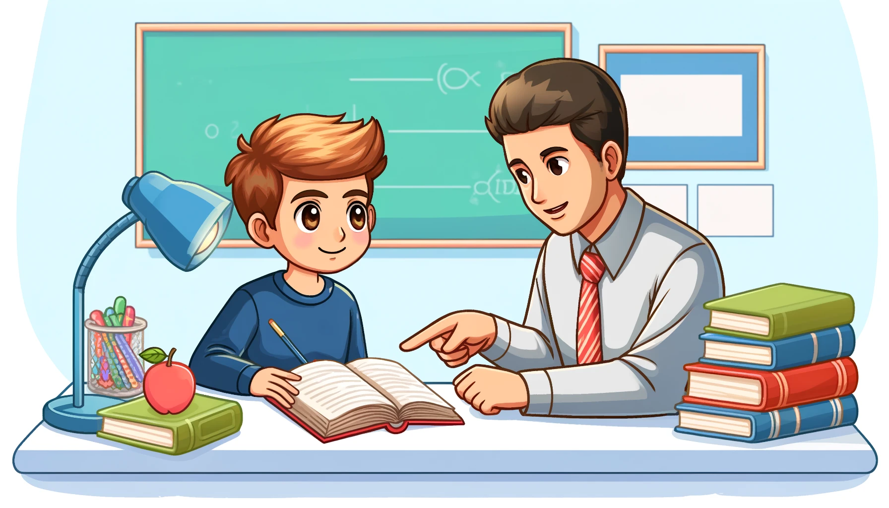  A  colorful  cartoon-style  image  of  a  student  seeking  help  from  a  teacher  The  student  is  sitting  at  a  desk  with  books  open  and  the  teacher  is  standing