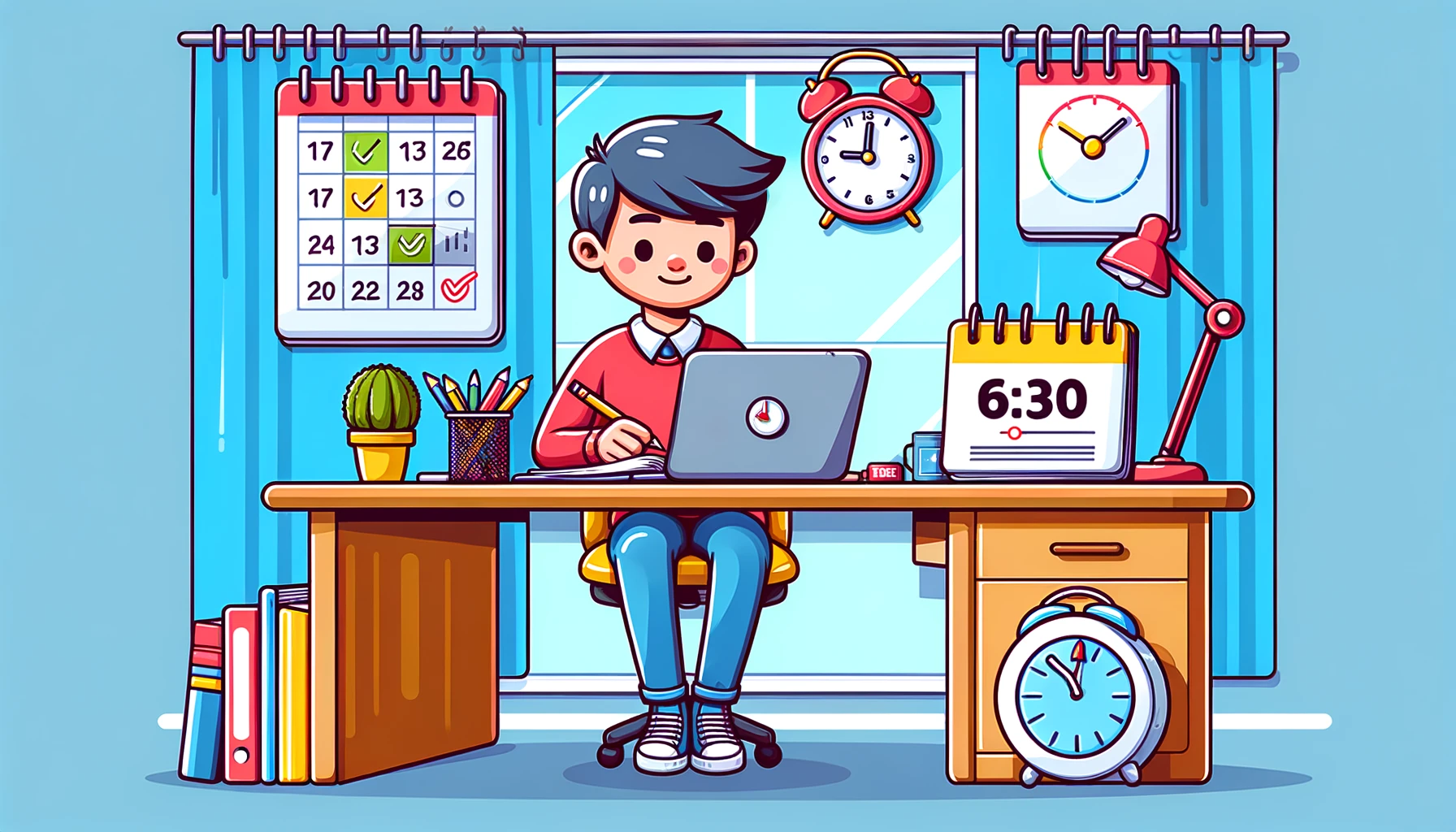 A  colorful  cartoon-style  image  of  a  student  managing  their  time  wisely  The  student  is  sitting  at  a  desk  with  a  clock  on  the  wall  a  calendar  