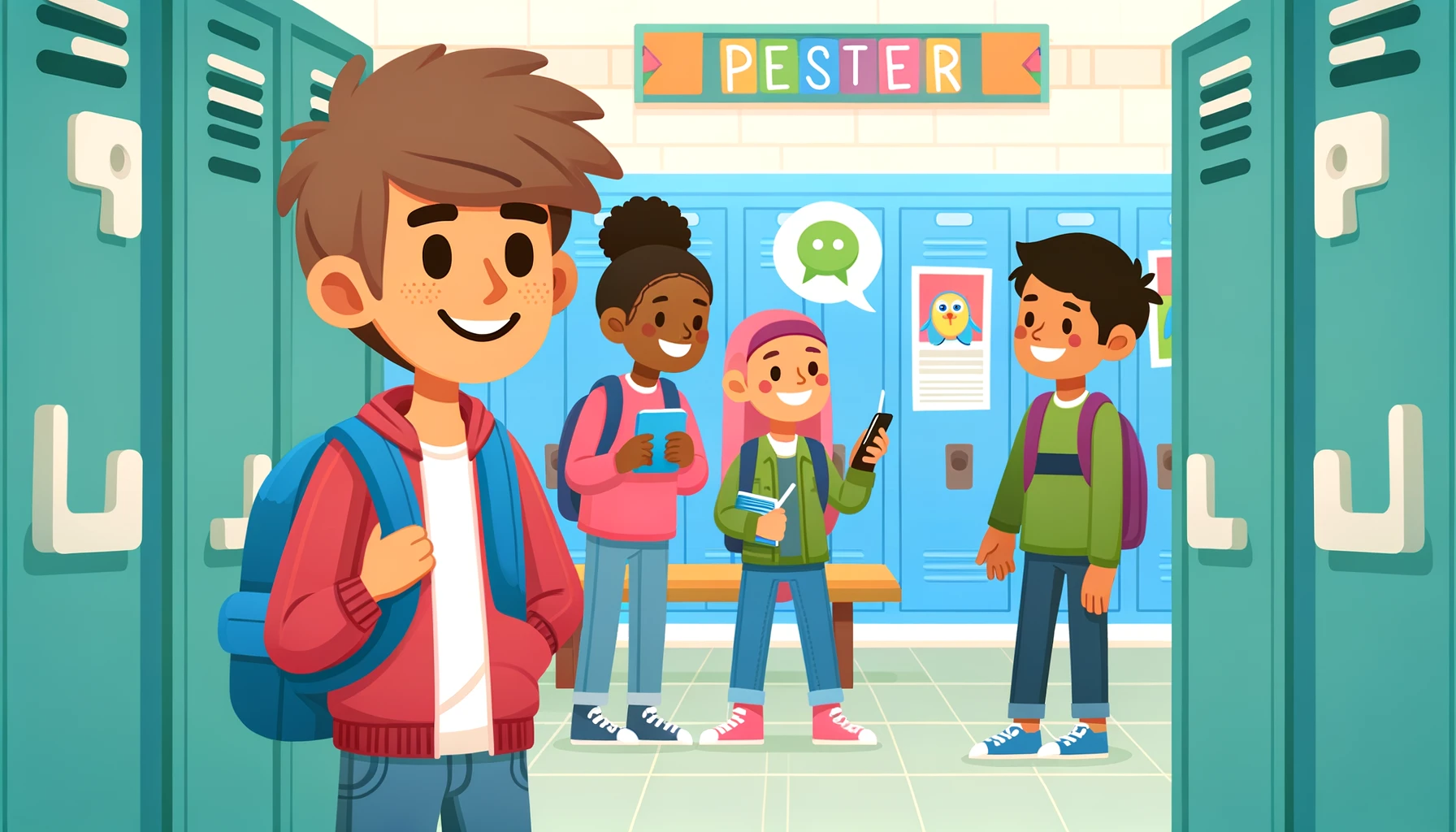  A  colorful  cartoon-style  image  of  a  student  building  positive  relationships  The  student  is  chatting  with  friends  in  a  school  