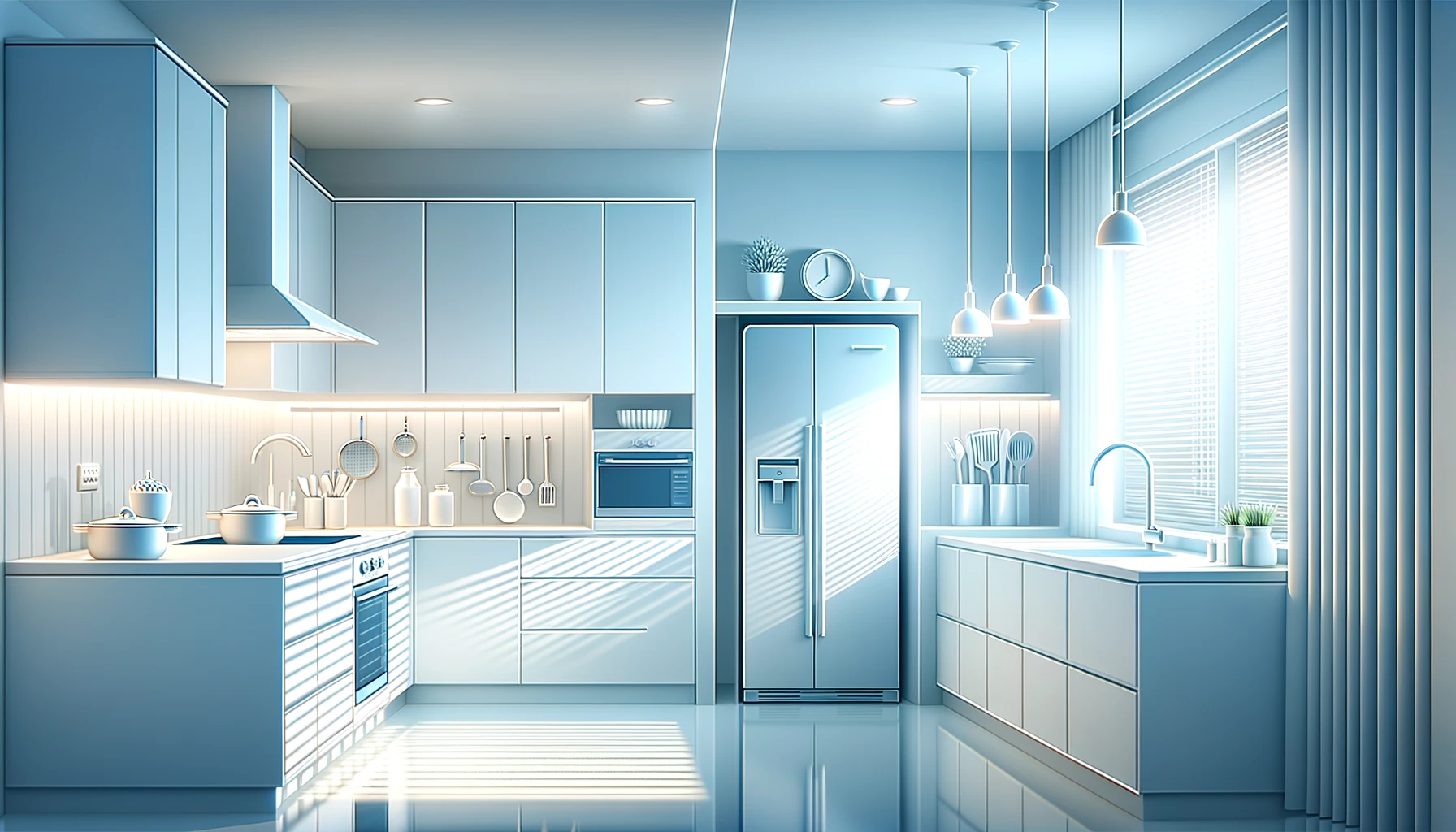  An  illustration  of  a  modern  kitchen  with  cool  white  lighting  The  kitchen  should  have  a  mix  of  overhead  lights  and  task  lighting  