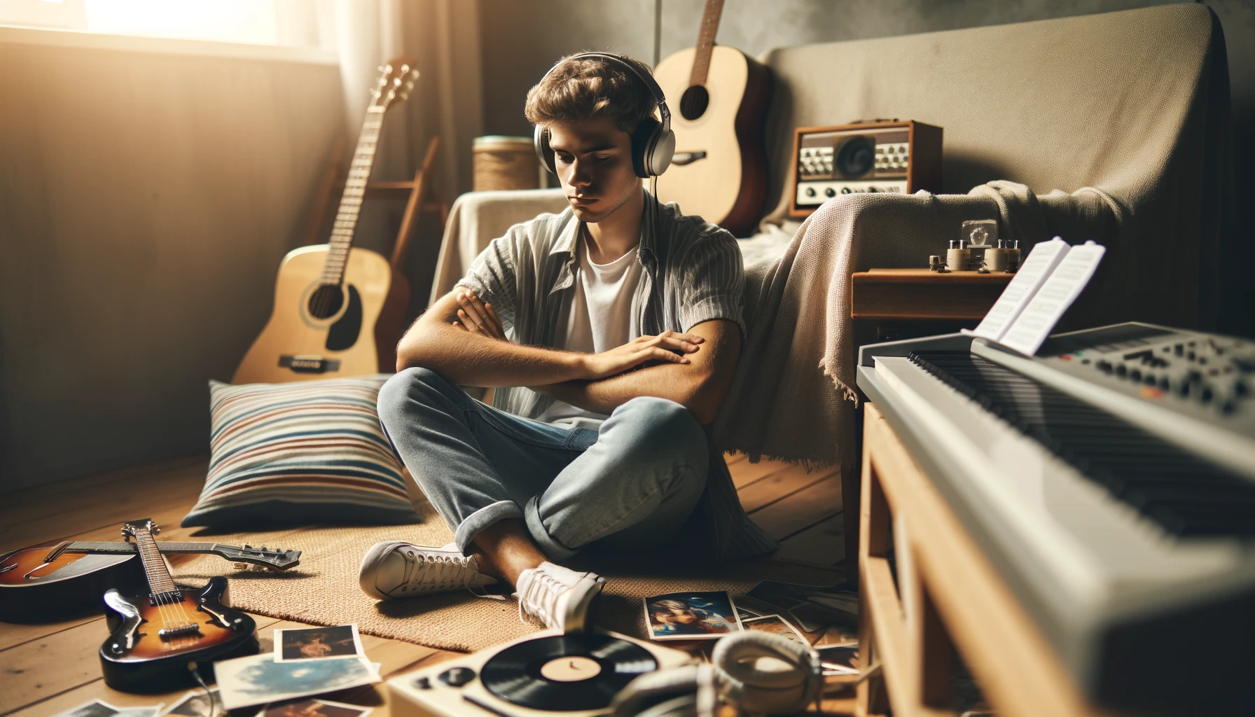  A  person  sitting  in  a  cozy  room  with  headphones  on  surrounded  by  various  musical  instruments  like  a  guitar  keyboard  and  vinyl  records  