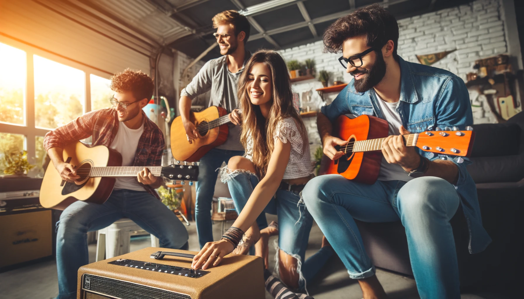   A  group  of  friends  playing  musical  instruments  together  having  fun  and  enjoying  the  moment  They  are  in  a  casual  setting