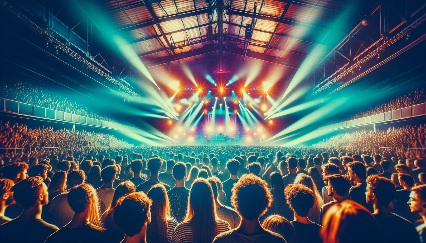 A  large  crowd  at  a  live  concert  with  vibrant  lights  and  a  stage  in  the  background  The  audience  is  enthusiastic  enjoying  the  music