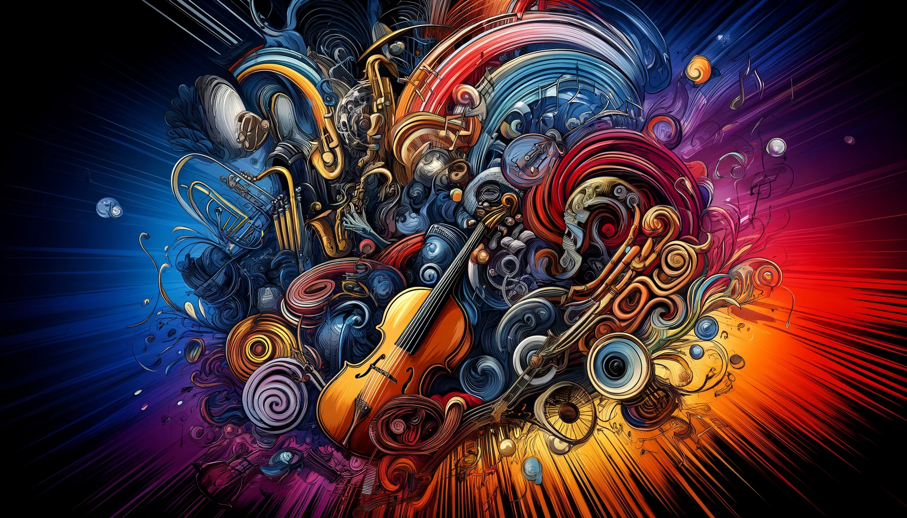 An  abstract  representation  of  various  music  genres  with  elements  like  classical  instruments  rock  guitars  jazz  saxophones  