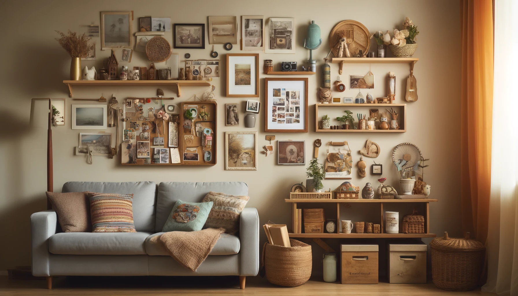 A  living  room  with  personal  items  like  photos  souvenirs  and  handmade  crafts  displayed  on  shelves  and  walls  The  space  feels  unique  and  personalized