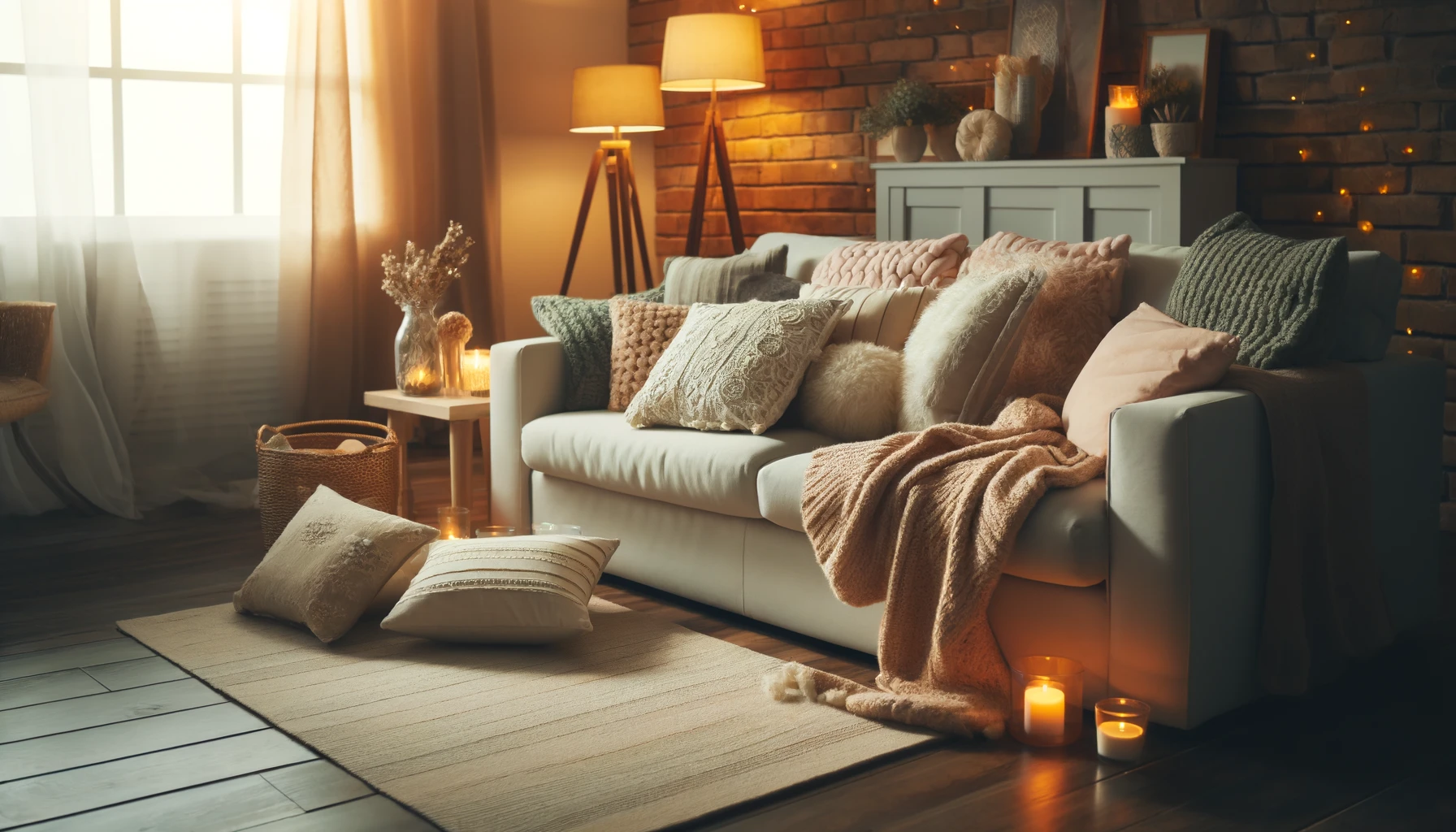  A  cozy  living  room  with  soft  pillows  and  blankets  on  a  comfortable  sofa  warm  lighting  from  lamps  and  a  clean  organized  look  The  room  looks  inviting