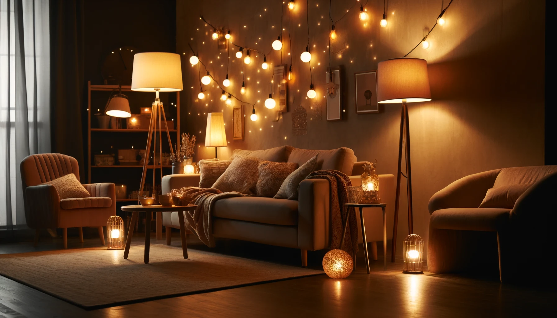 A  living  room  with  warm  lighting  from  table  lamps  floor  lamps  and  string  lights  creating  a  cozy  inviting  atmosphere  The  lighting  is  soft  and  warm