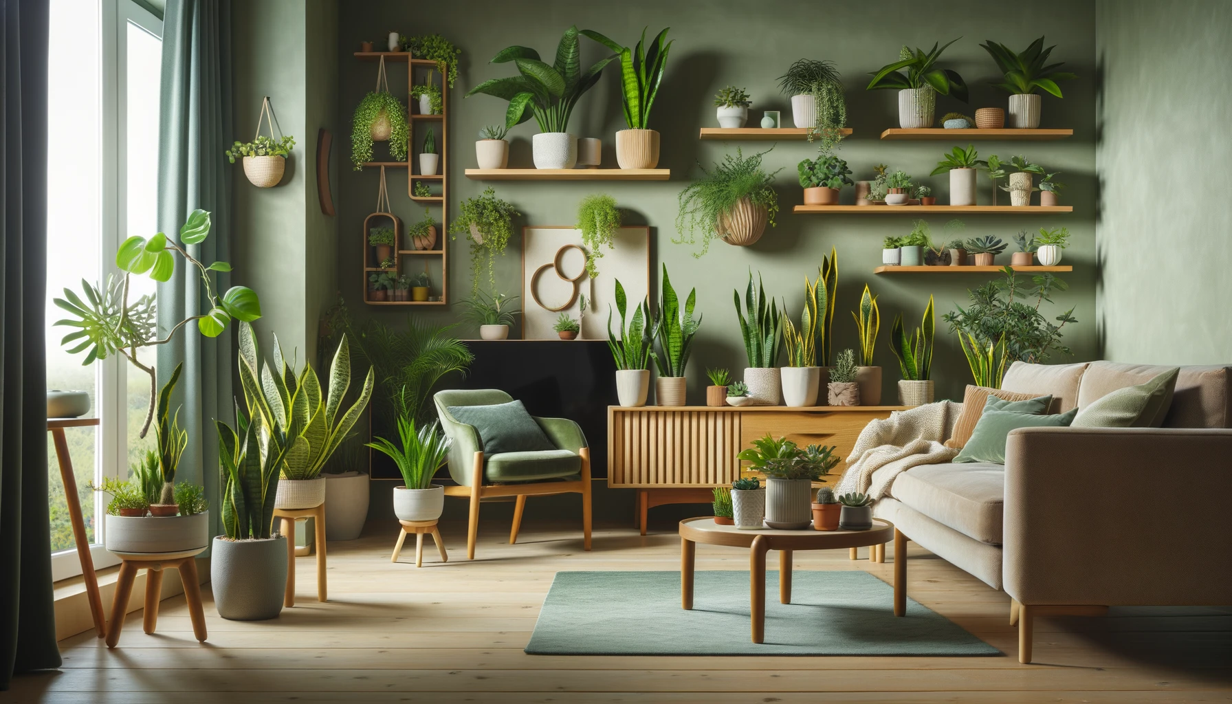 A  living  room  with  various  houseplants  including  succulents  and  snake  plants  adding  greenery  to  the  space  The  plants  make  the  room  feel  fresh  