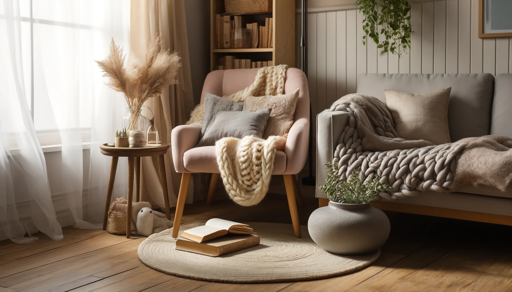   A  cozy  corner  in  a  living  room  with  a  comfortable  chair  a  soft  throw  blanket  and  a  book  The  corner  is  inviting  and  perfect  for  relaxing  and  reading