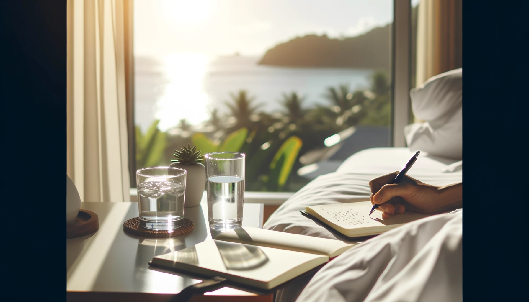  A  serene  morning  scene  with  a  person  waking  up  early  a  glass  of  water  on  the  bedside  table  and  a  to-do  list  being  written  Bright  and  fresh  atmosphere