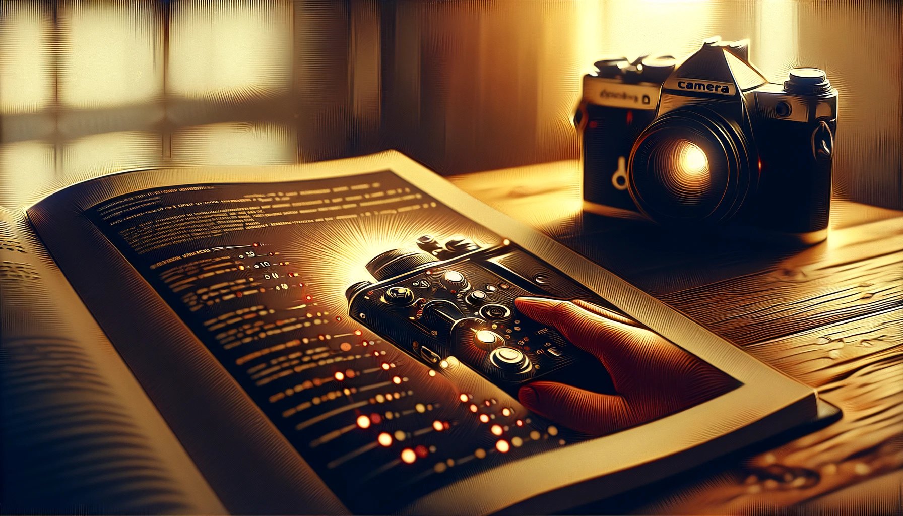  An  artistic  depiction  of  a  camera  manual  being  studied  emphasizing  the  intricate  details  of  the  camera  settings  