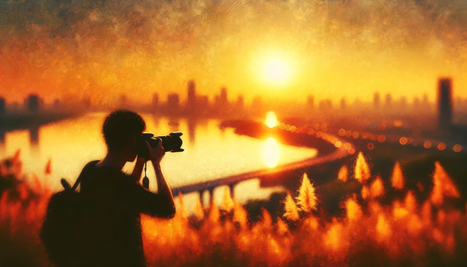 An  artistic  depiction  of  a  photographer  taking  pictures  during  the  golden  hour  with  the  sun  setting  in  the  background  casting  warm  and  soft  light  