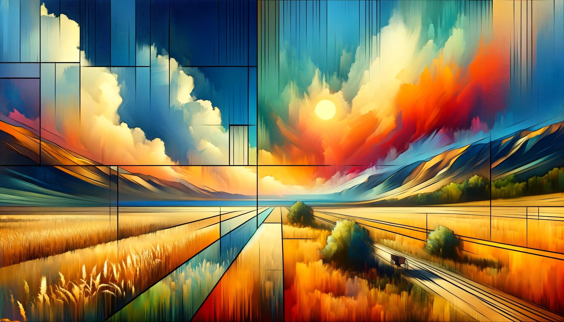  An  artistic  depiction  of  a  photograph  showing  the  rule  of  thirds  The  scene  should  include  elements  like  a  scenic  landscape  with  a  clear  sky  a  horizon