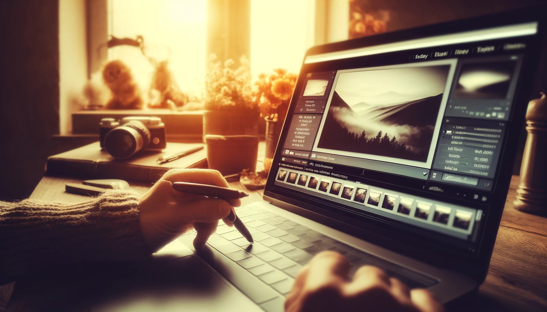   An  artistic  depiction  of  a  photographer  editing  photos  on  a  laptop  using  Adobe  Lightroom  The  scene  should  be  set  in  a  cozy  workspace  with  soft  lighting