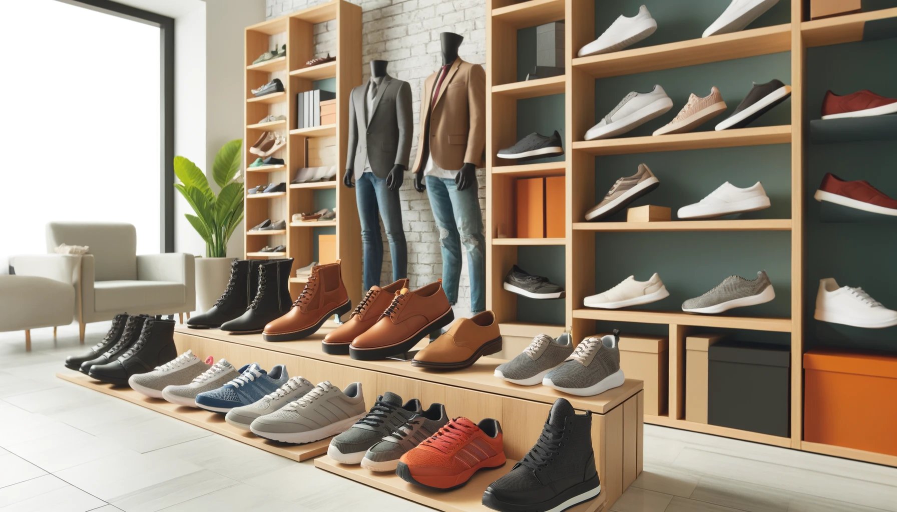 A  diverse  selection  of  shoes  displayed  on  shelves  including  formal  shoes  casual  sneakers  and  athletic  running  shoes  in  a  bright  modern  store  T