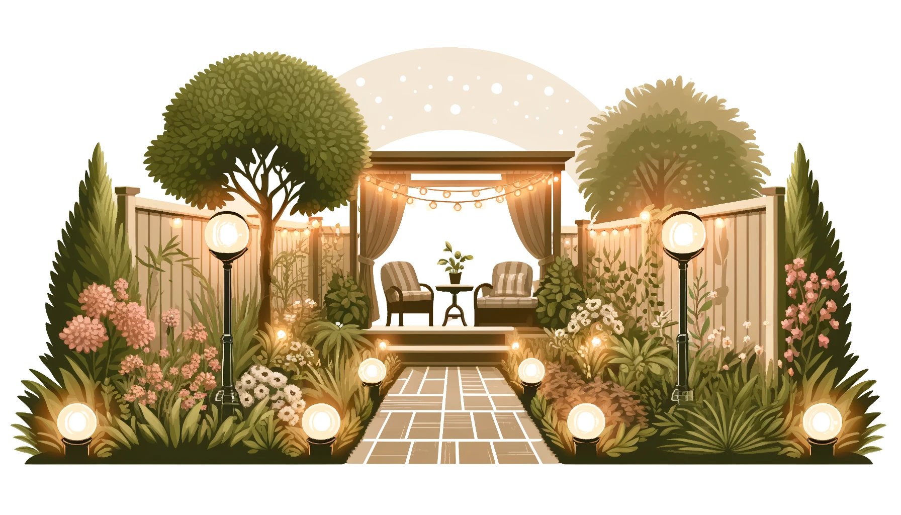   An  illustration  of  an  outdoor  garden  with  proper  lighting  The  garden  should  have  a  mix  of  wall-mounted  lights  and  pathway  lights  