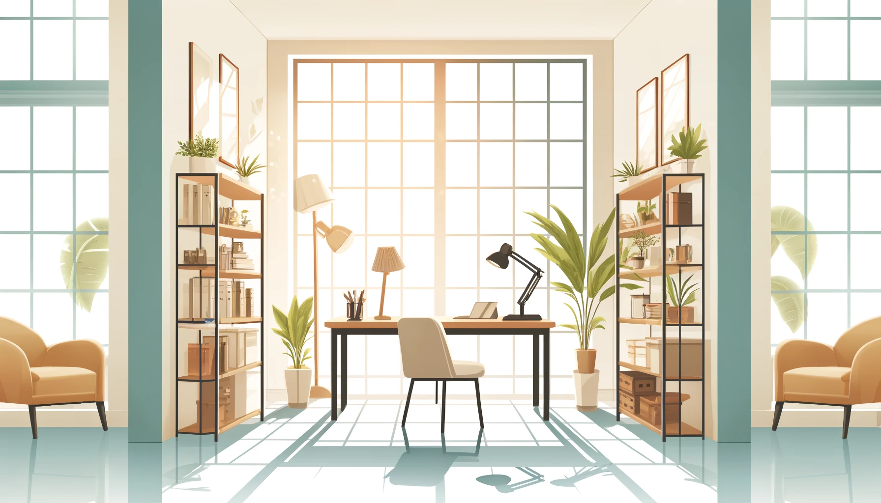  An  illustration  of  a  bright  home  office  with  natural  light  coming  through  large  windows  The  office  should  have  a  desk  with  a  task  lamp  bookshelves 