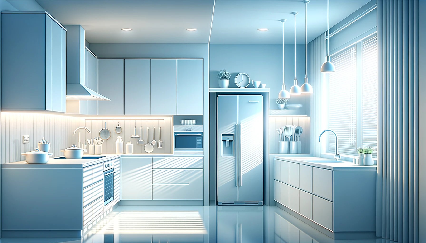 An  illustration  of  a  modern  kitchen  with  cool  white  lighting  The  kitchen  should  have  a  mix  of  overhead  lights  and  task  lighting  
