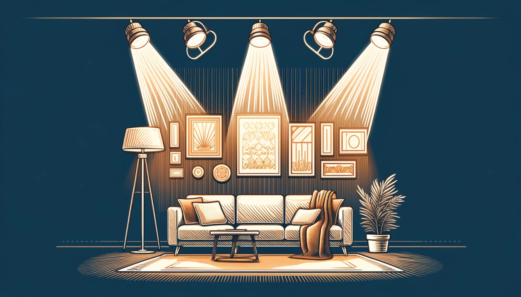  An  illustration  of  a  cozy  living  room  with  layered  lighting  including  ceiling  lights  a  floor  lamp  for  reading  and  spotlights  highlighting  artwork  