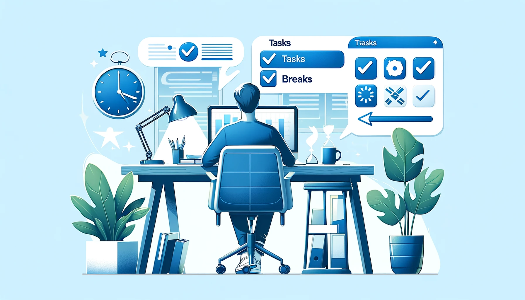 A  productive  workspace  scene  with  a  person  working  at  a  desk  tasks  broken  into  smaller  steps  and  a  timer  for  breaks  