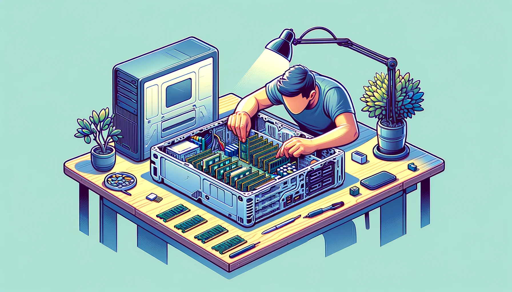 A  detailed  illustration  of  a  person  upgrading  their  PC  by  installing  additional  RAM  sticks  The  scene  is  set  in  a  well-lit  room  
