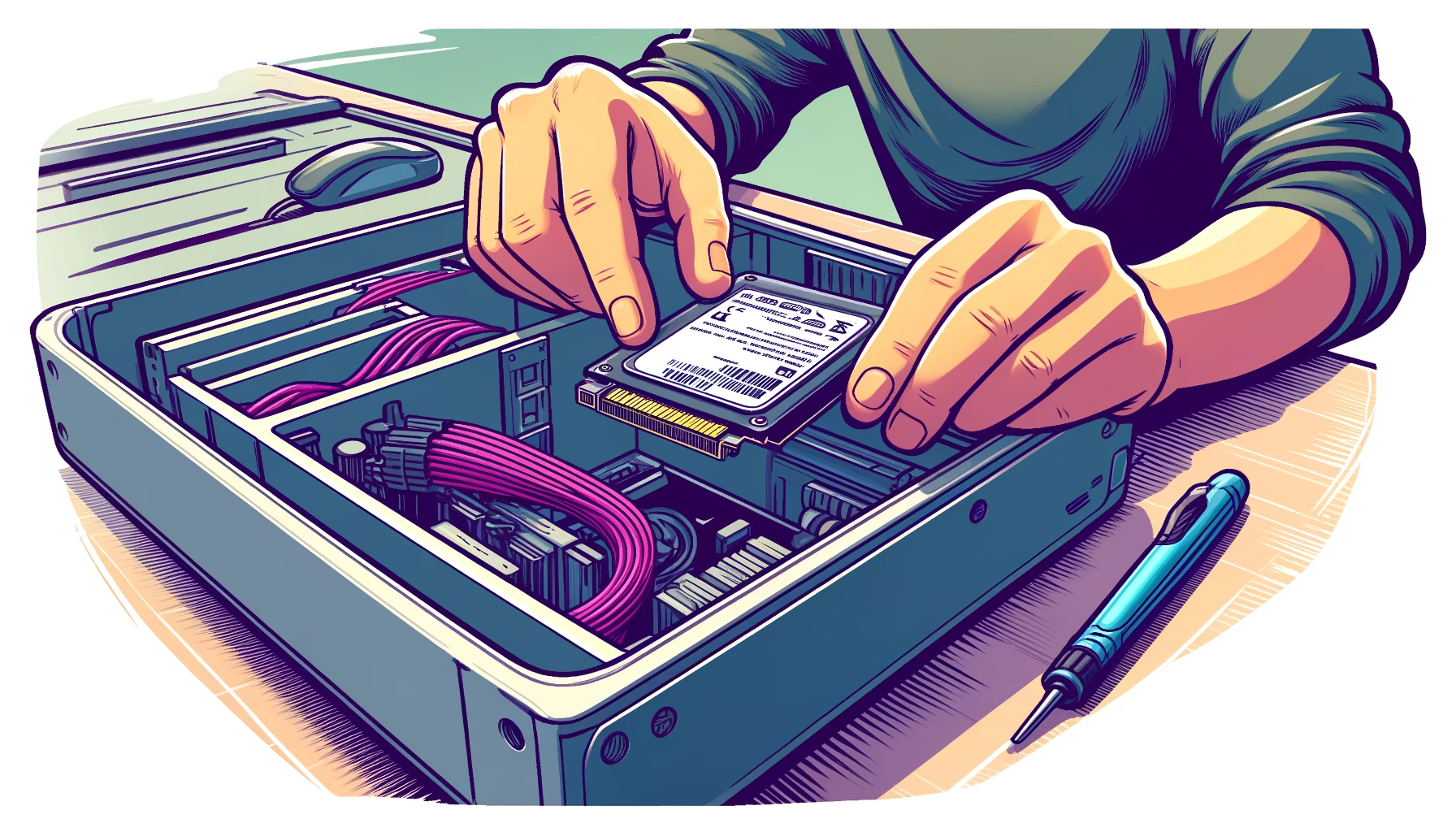  A  detailed  illustration  of  a  person  installing  an  SSD  into  their  PC  The  scene  is  a  well-lit  organized  workspace  with  the  PC  case  open  