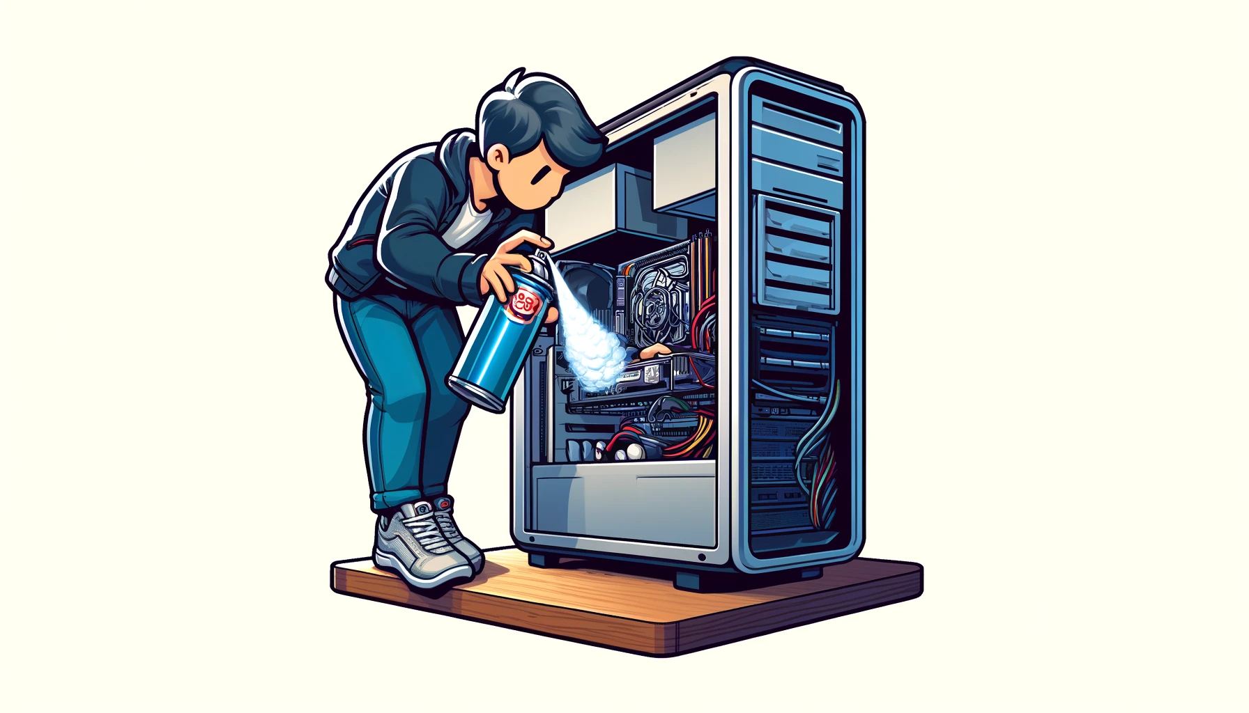 A  detailed  illustration  of  a  person  cleaning  their  PC  with  a  can  of  compressed  air  The  scene  is  a  clean  organized  workspace  with  the  PC  case  open