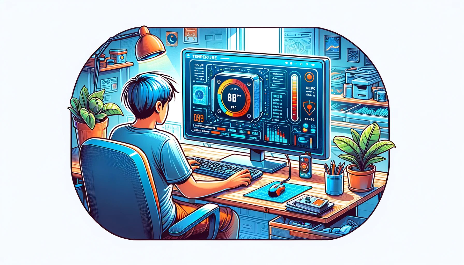 A  detailed  illustration  of  a  person  monitoring  their  PCs  temperatures  using  software  The  scene  shows  a  computer  screen  displaying  temperature  monitor