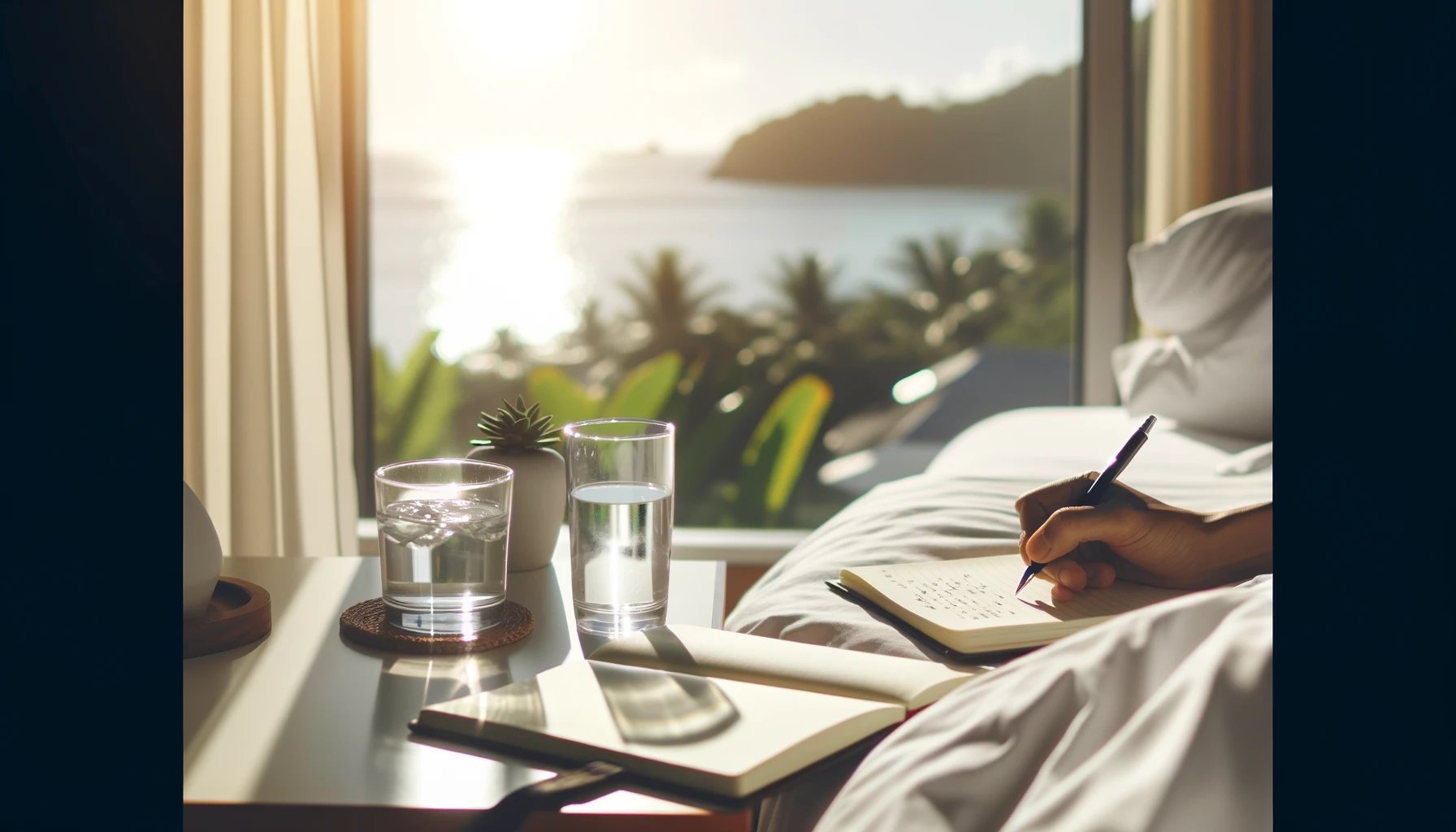  A  serene  morning  scene  with  a  person  waking  up  early  a  glass  of  water  on  the  bedside  table  and  a  to-do  list  being  written  Bright  and  fresh  atmosphere